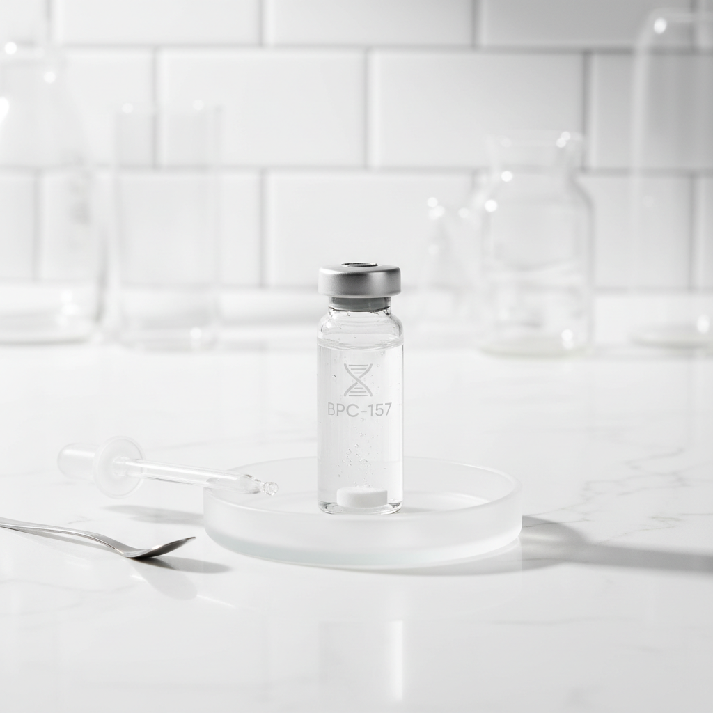 BPC-157 peptide vial on white background