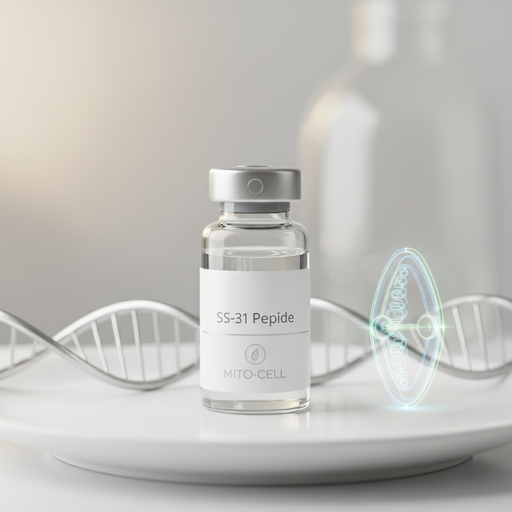 SS-31 Elamipretide peptide vial on white background