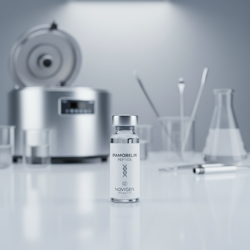 Ipamorelin peptide vial on white background