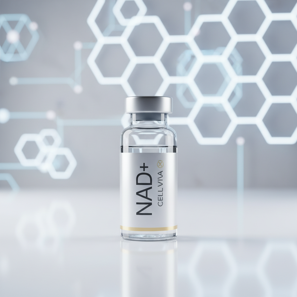 NAD+ nicotinamide adenine dinucleotide vial on white background
