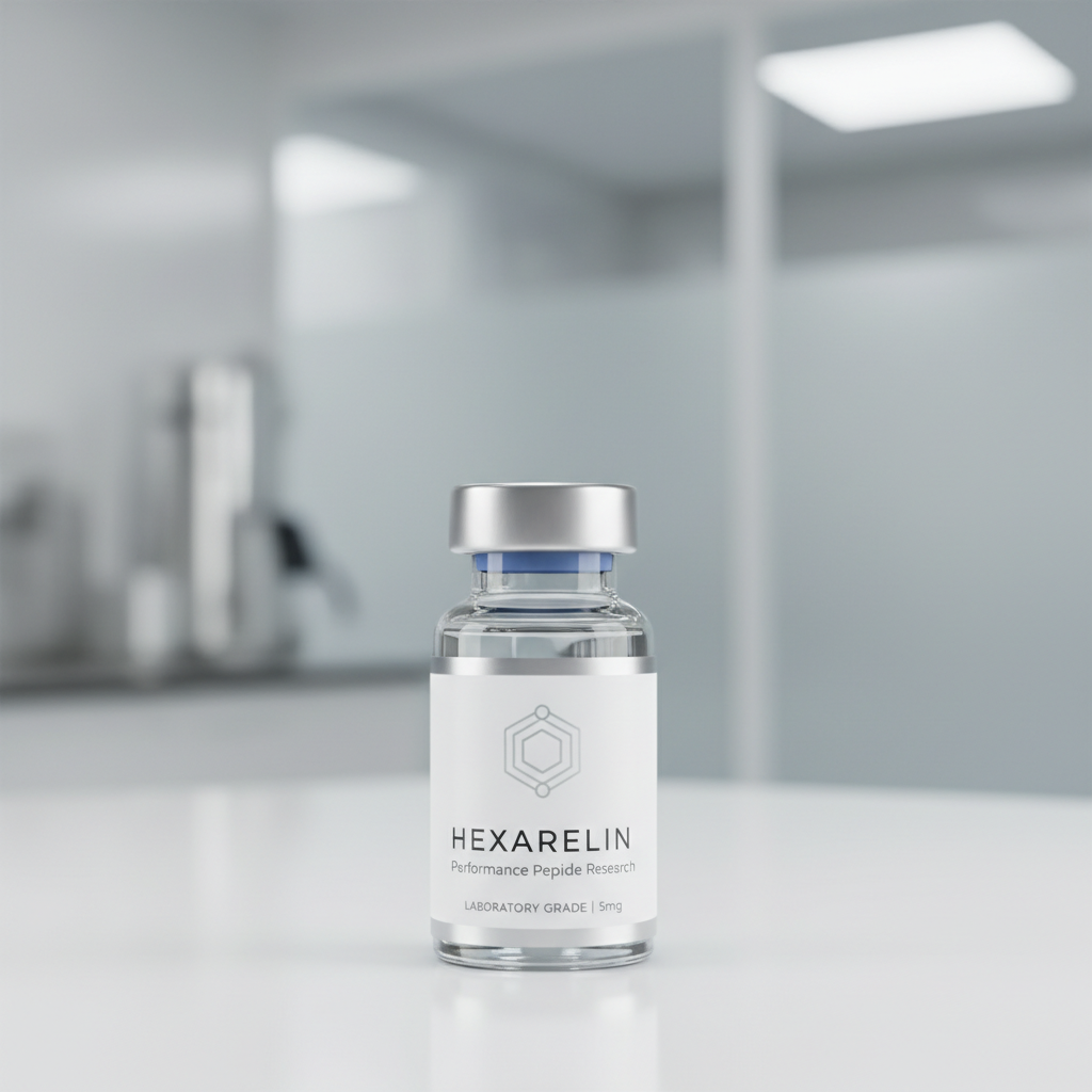 Hexarelin peptide vial on white background