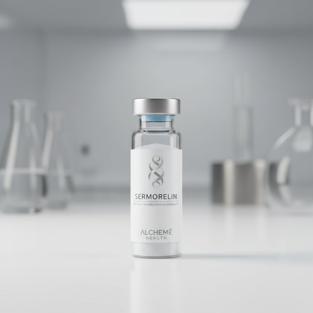 Sermorelin peptide vial on white background